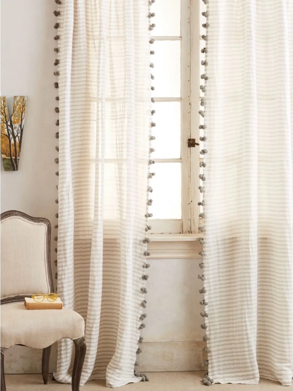 Anthropologie Beige Striped Pom Tassel Curtains, 96” X 50”, Set of 2